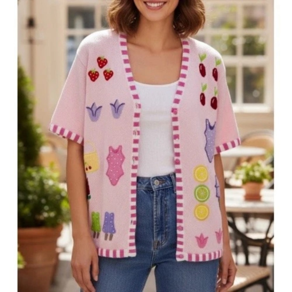 NWT Quaker Factory cardigan sweater summer ice cream + button covers artsy 3X